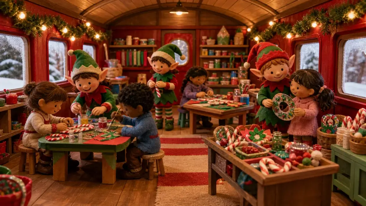 Elves helping children with colorful Christmas crafts in a handmade caboose workshop.