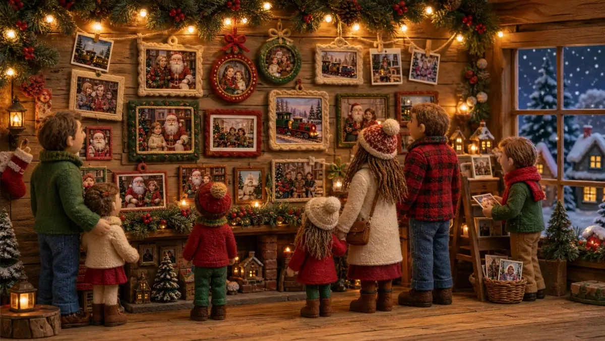 Families enjoying warm drinks together in a handmade Christmas village setting.