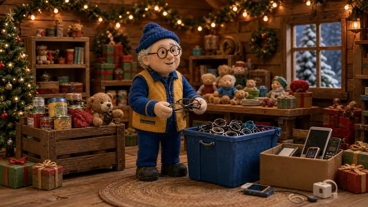Lions volunteer guide with gift boxes and eyeglasses recycling props in a Christmas giving workshop.