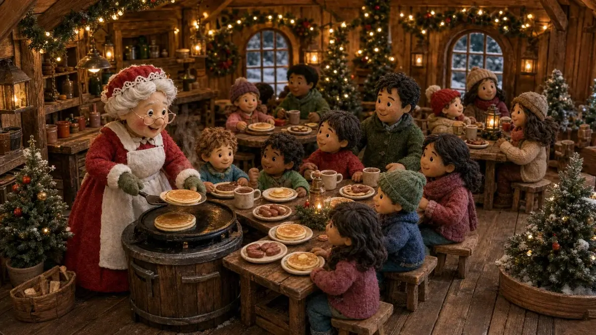 Mrs. Claus serving pancakes to families in a handmade Christmas pancake hall.