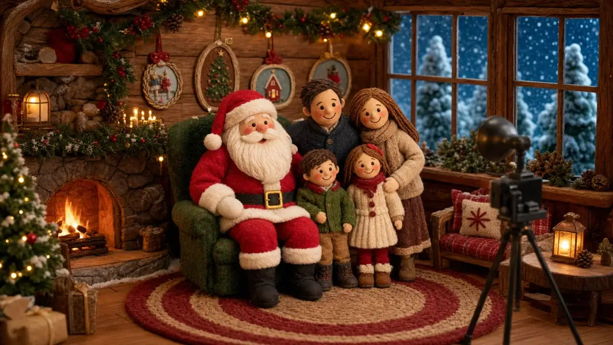 Santa seated in a cozy handmade Christmas photo lodge with families nearby.