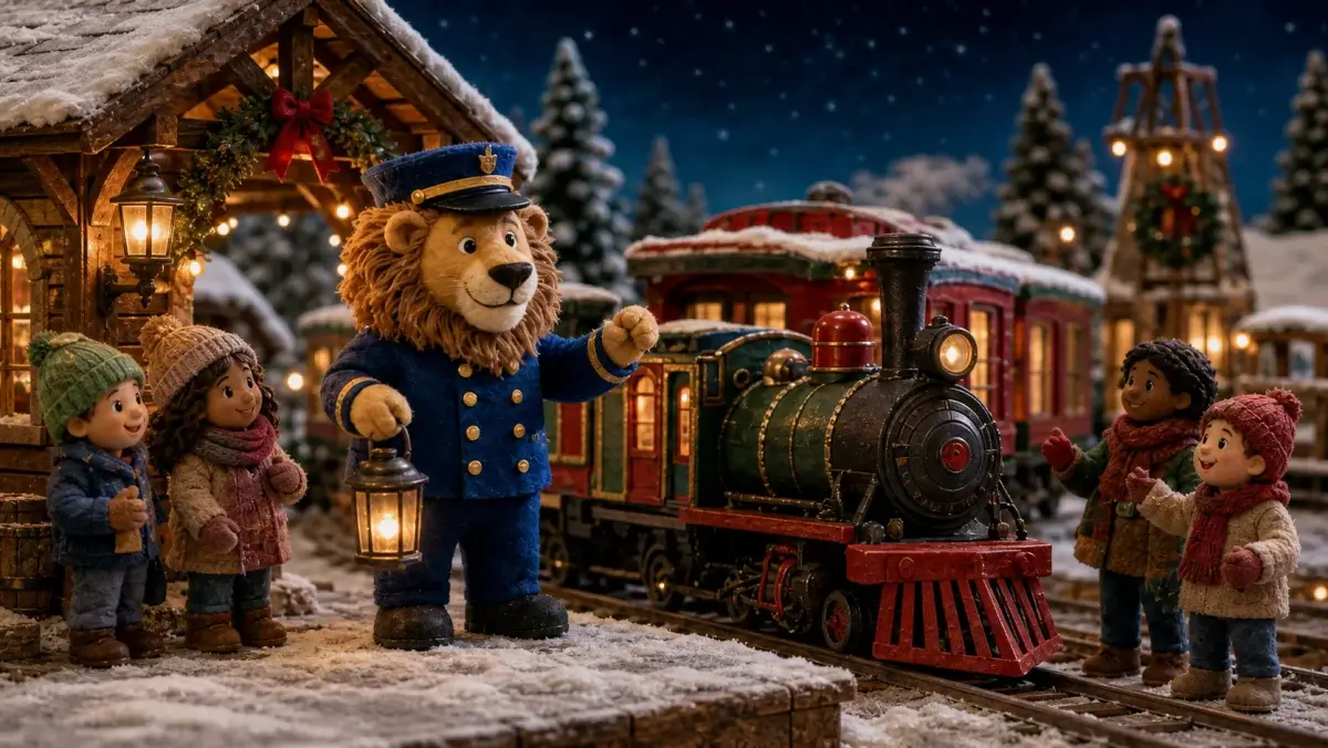 Friendly lion train conductor beside a handmade Christmas train.