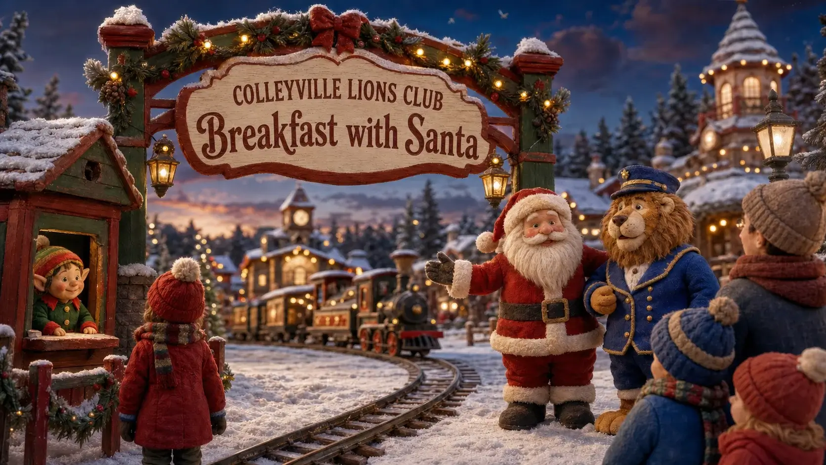 Illustrated Santa’s Village entrance gate with a sign reading Colleyville Lions Club Breakfast with Santa, with a lion conductor and train at right.