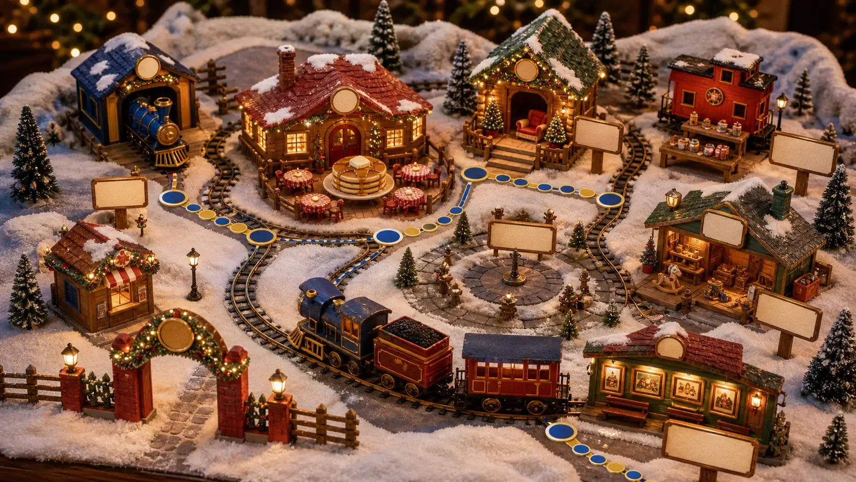 Illustrated handmade Santa's Village map with a toy train route through the event stops.